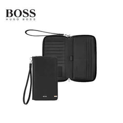 Hugo Boss Travel Wallet Iconic Black featuring textured leather, 8 card slots, and luxury chrome BOSS signature.