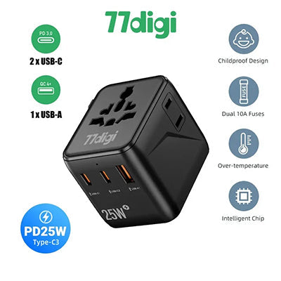 77digi WWA25 feature graphic highlighting two USB-C ports, one USB-A port and PD 25W Type-C charging
