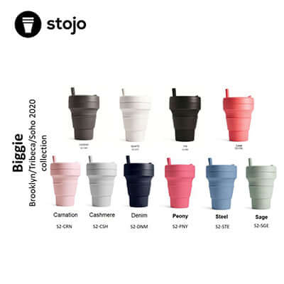 Stojo Biggie cup colour-reference chart showing ten expanded cups in dark, neutral and pastel shades