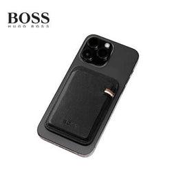 Hugo Boss Magnet Mobile Card Holder Iconic Black attached to a smartphone, showcasing textured leather and BOSS branding.