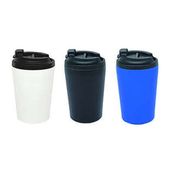 Three 360ml Stainless Steel Mugs in white, black, and blue, perfect for corporate gifts.