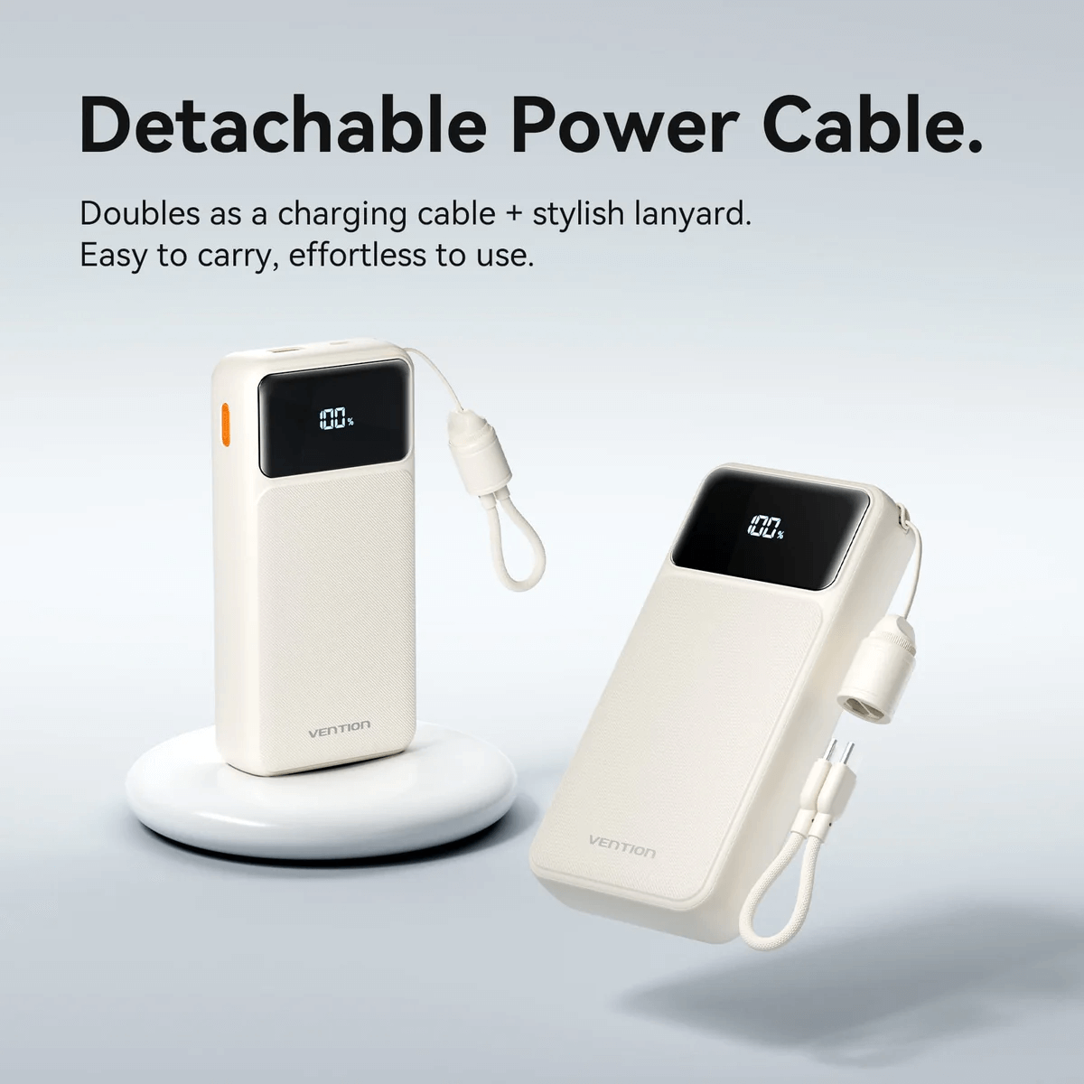 Vention 20000mAh Power Bank with Built-in Cable 22.5W showcasing a detachable power cable and stylish design.