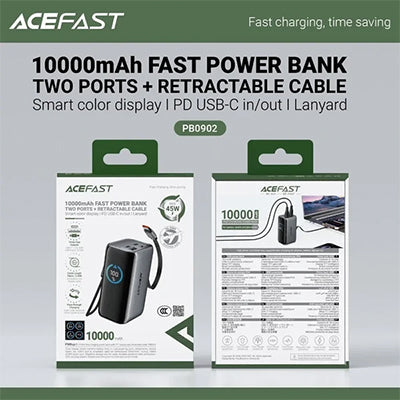 Acefast PB0902 Power Bank 10000mAh PD 45W Built-In Retractable Cable CCC Certified