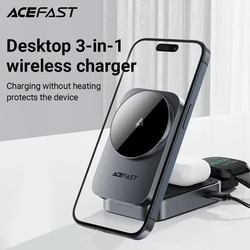 Acefast Desktop 3-in-1 Wireless Charger with smartphone and earbuds for fast simultaneous charging.