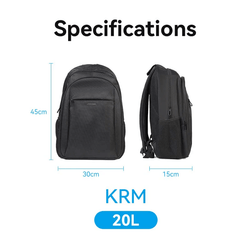 Specifications for Vention Water-Repellent Laptop Backpack KRMB0: dimensions 45cm x 30cm x 15cm, 20L capacity.