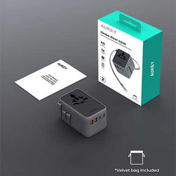 AUKEY PA-TA13 Globe Reel 45W GaN Universal Travel Adapter with Retractable Cable and packaging image.