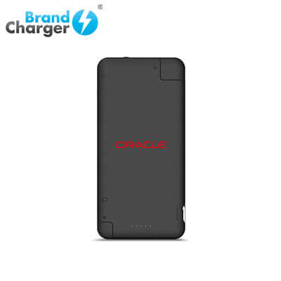 Front view of black BrandCharger iQ+ powerbank with example red logo artwork