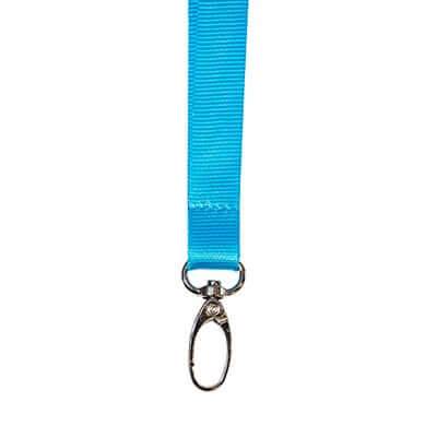 Close-up of turquoise 15mm nylon lanyard with stitched end, metal ring and oval swivel hook