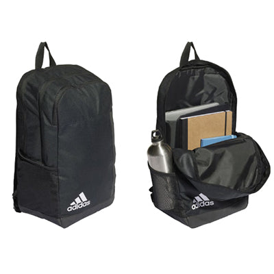 adidas Motion backpack closed and open with a bottle, notebooks and other contents illustrating compartment layout