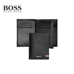 Hugo Boss Card Holder Trifold Iconic Black, sleek design with chrome signature plate, perfect corporate gift.