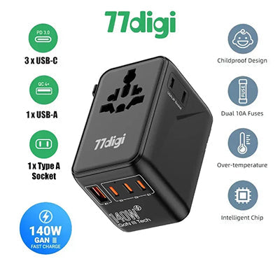 77digi 140W GaN PD 3.1 1 USB 3 Type C Travel Adapter WWA140