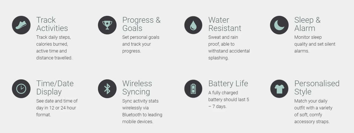 Actxa Swift feature overview covering activity tracking, goals, sleep alarm, display and wireless syncing.