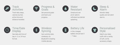 Actxa Swift feature overview covering activity tracking, goals, sleep alarm, display and wireless syncing.