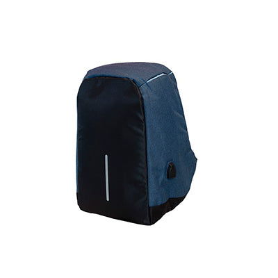 Navy blue Oxford cloth backpack with black front panel, angled view.