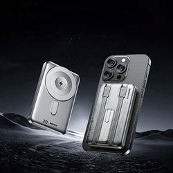Remax CX-2 Magnetic Wireless Charging Powerbank with Cable and Stand next to a smartphone on a dark background.