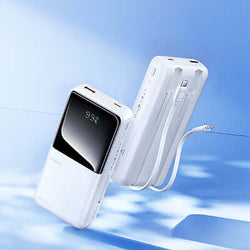 Remax RPP-680 Powerbank with Dual Fast Charging Cables 20000mAh on a blue background.