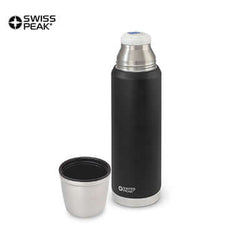 Swiss Peak Elite Copper Vacuum Flask with black powder-coated finish and stainless steel cup, perfect corporate gift Singapore.