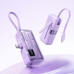 Remax FP-108 Mini Powerbank with Cable 5000mAh in purple color with a folding stand and IPH cable lanyard.