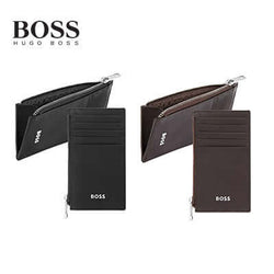 Hugo Boss Card Holder Zip Classic Smooth in black and brown leather showcasing sleek design and logo.