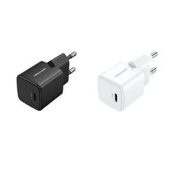 Venion 1-Port USB-C Wall Charger PD20W in black and white colors, perfect for quick charging on the go.