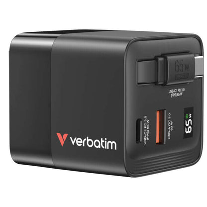 Verbatim 3-Port 65W GaN Charger with Retractable Cable & LED display side view with ports and power display