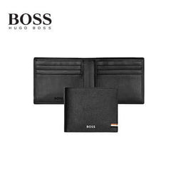 Hugo Boss Wallet Iconic Black with textured leather, chrome signature plate, and BOSS tricolor flag, ideal corporate gift.