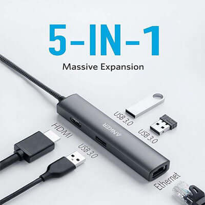 Anker five-in-one hub illustrated with USB peripherals, HDMI and Ethernet connections