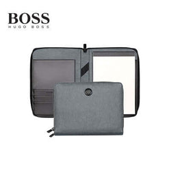 Hugo Boss Conference Folder A5 Gleam opened with dark grey grained texture, a stylish corporate gift for professionals.