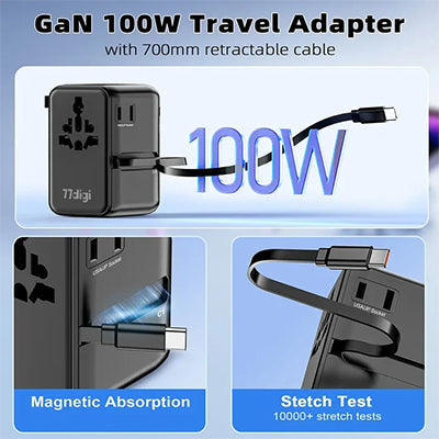77digi 100W 3 Type-C + 2 USB Travel Adapter with Cable WWA100C