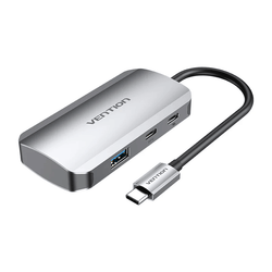 Vention 5-in-1 USB-C Hub with PD 100W, silver design for data transfer and charging.
