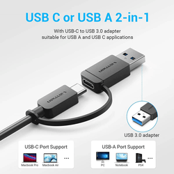 Vention 5-in-1 USB 3.0 Hub with Dual Connectors showcasing USB-C and USB-A 2-in-1 functionality for versatile connectivity.