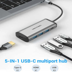 Vention 5-in-1 USB-C Docking Station with multiple ports for versatile connectivity and fast data transfer.