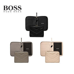 Hugo Boss Conference Folder A5 Triga in Black, Taupe, and Beige with elegant quilted design and golden accents.