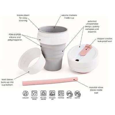 Stojo Biggie cup disassembled to show silicone body, lid with tab, heat sleeve and removable straw