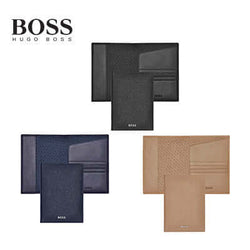 Hugo Boss Passport Holder Classic Grained in black, navy, and camel on display, ideal corporate gift for travelers.