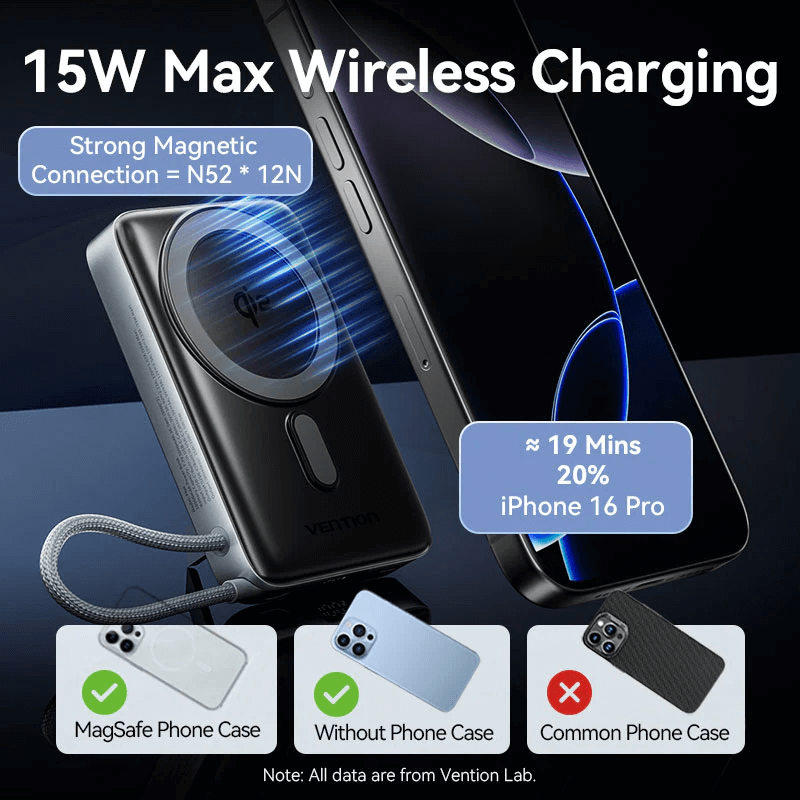 Vention Qi2 10000mAh Power Bank 35W with 15W Max wireless charging feature.