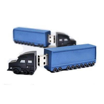 Blue trailer-shaped USB flash drives with black truck-cab caps and exposed USB connectors.