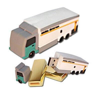 Custom vehicle-shaped USB flash drive shown assembled and opened to reveal its connector.