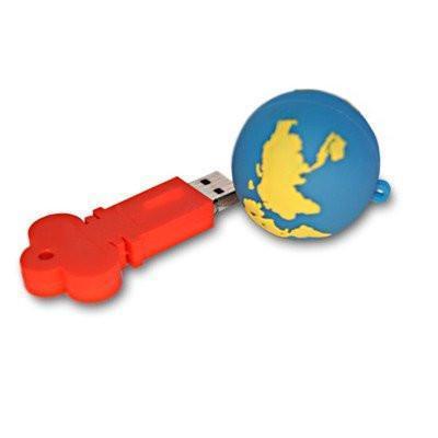 Custom USB flash drive examples with red key-shaped and blue globe-shaped housings.