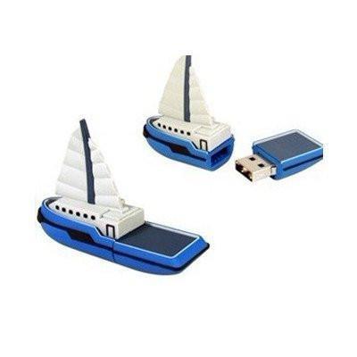 Blue and white sailboat-shaped USB flash drive with detachable section revealing the USB plug.