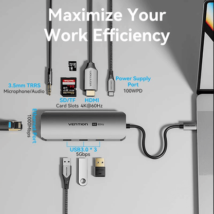 Vention 9-in-1 USB-C Docking Station with Ethernet showcasing multiple connection ports for enhanced work efficiency.