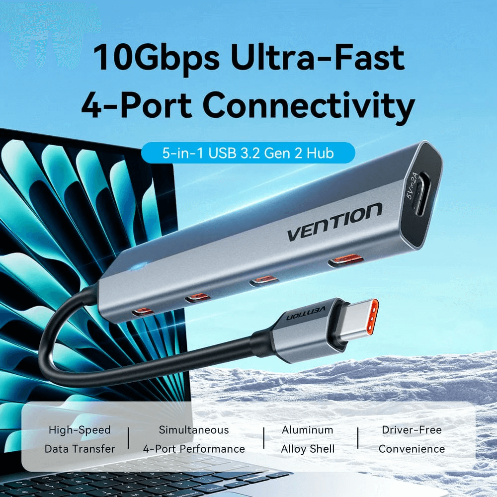 Vention 5-in-1 USB 3.2 Gen 2 Hub with 4-port connectivity for fast data transfer and charging.