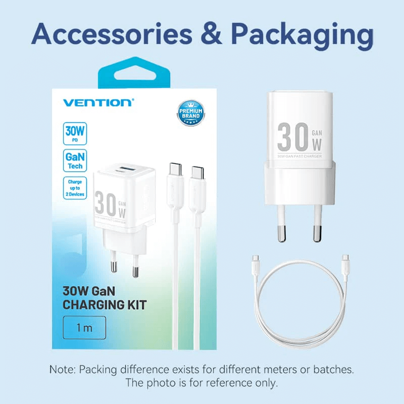 Vention 2-Port GaN Charger (30W) with Cable (1M) packaging and accessories for efficient device charging.