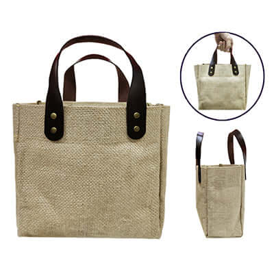Eco Friendly Jute Tote Bag with PU Leather Handle Corporate Gifts Singapore
