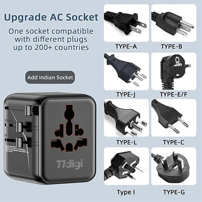 WWA25 AC socket graphic illustrating several plug shapes accepted by the front socket, with plug-type labels