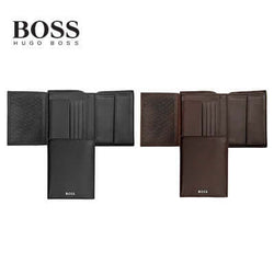Hugo Boss Money Wallet Vertical Flap Classic Smooth in black and brown leather, showcasing sleek design and card slots.