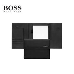 Hugo Boss Folder A5 Pinstripe Black displayed open, showcasing its stylish design and corporate gift appeal.