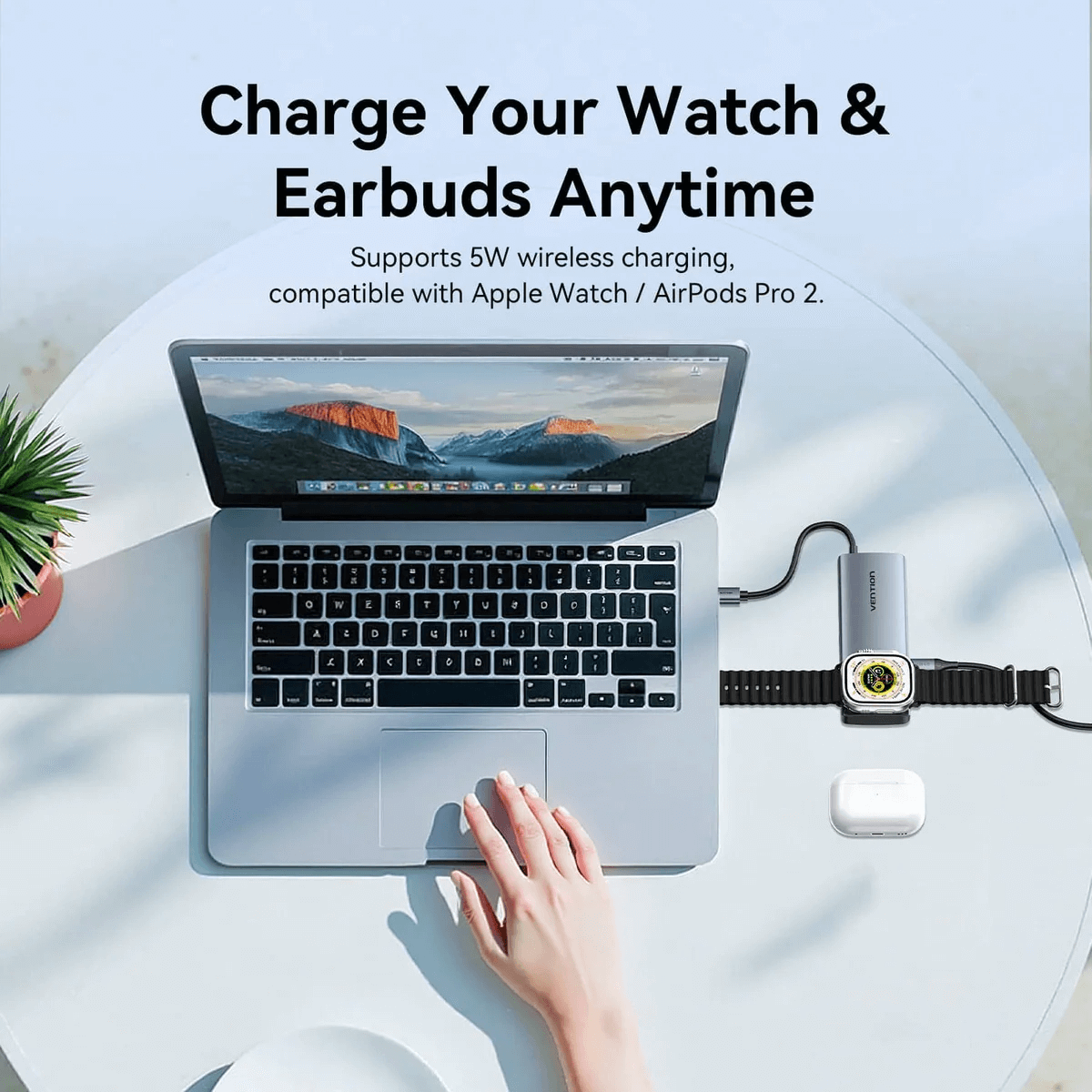 Vention 6-in-1 USB-C Wireless Charging Docking Station with laptop charging watch and earbuds.
