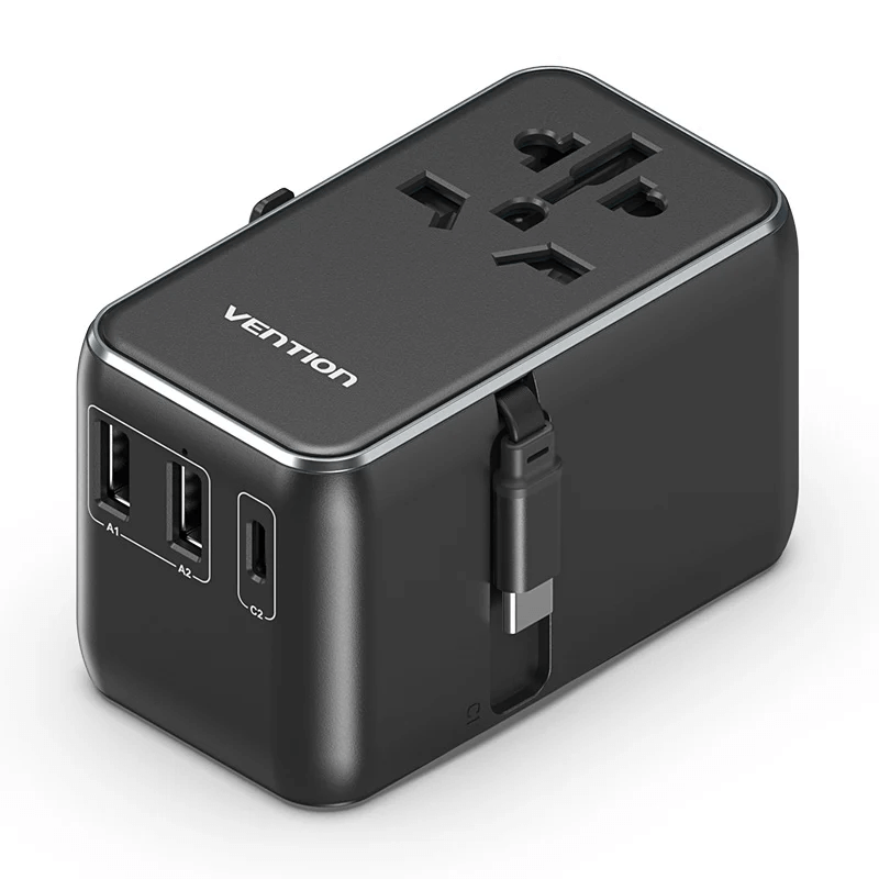 Vention 3-Port GaN Travel Adapter with Built-in Cable | Care Pack