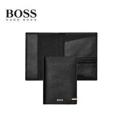 Hugo Boss Passport Holder Iconic Black in premium leather with card slots and currency compartment.